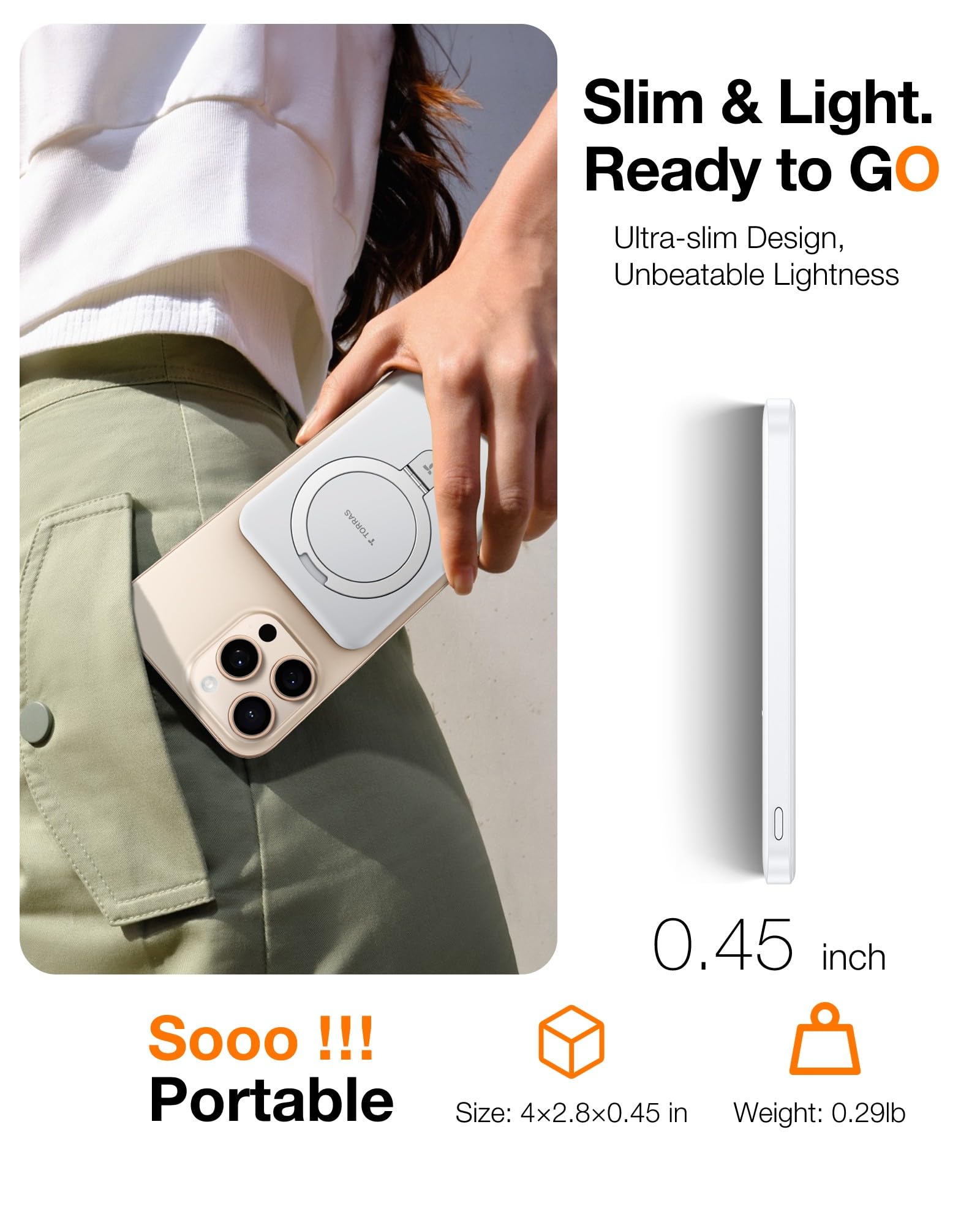 TORRAS 0.45" Slim Magnetic Portable Charger Power Bank for iPhone 5000 mAh 22.5W PD Fast Charging Wireless Battery Pack O Stand Compatible with Magsafe, i Phone 16 Pro Max, Pro,15,14,13,12, Black